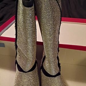 Shoe Dazzle Sparkling Silver and Black Heeled Boots